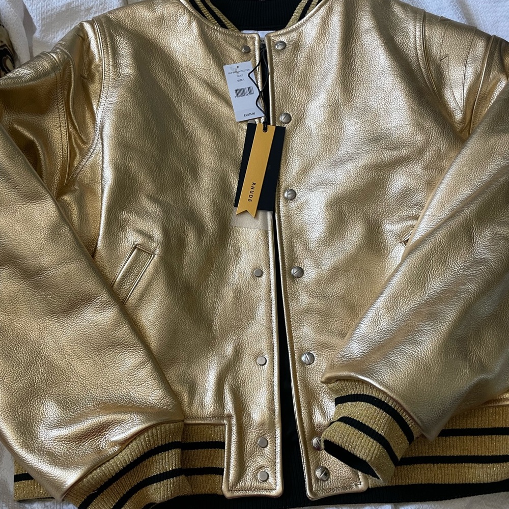 Rhude Men's Gold Leather Varsity Bomber Jacket-NWT-XL